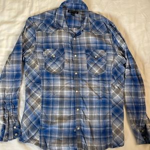 INC blue plaid western Pearl snap button shirt